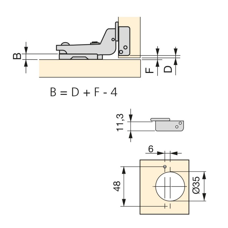 Pack de 20 bisagras de cazoleta Ø35mm 105° cierre suave para puerta solapada y suplementos para atornillar con regulación excéntrica. Emuca 