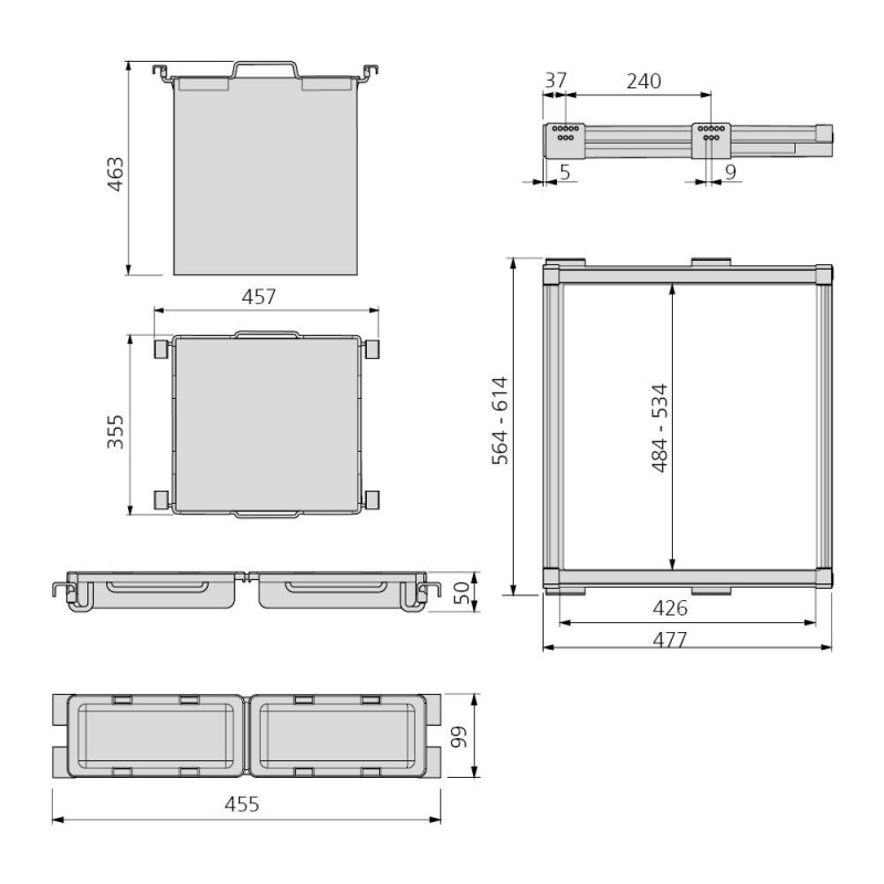 Emuca Kit de Cesto ropa y bastidor de guías con bandejas auxiliares