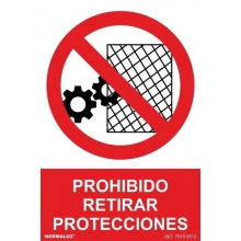 Señal adhesiva prohibido retirar protecciones vinilo 100x15 NORMALUZ