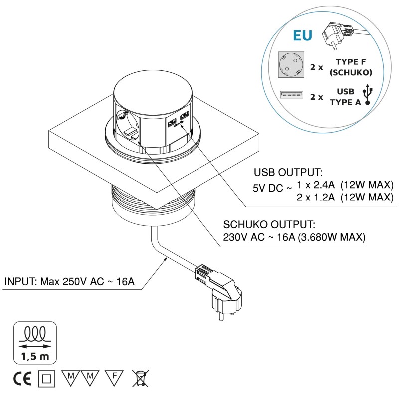 Multiconector extraíble Vertikal, 3 enchufes tipo Schuko, 2 USB