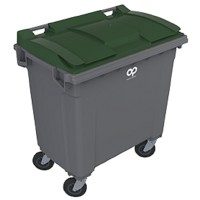 Contenedor basura 800 litros 4 ruedas cuerpo gris tapa verde 