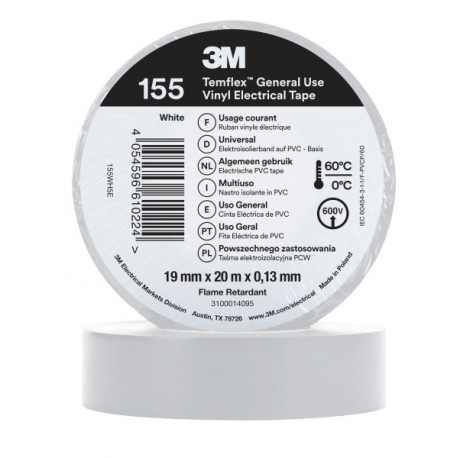 Cinta aislante Temflex 155 19mm x 20m 0,13mm blanco 3M
