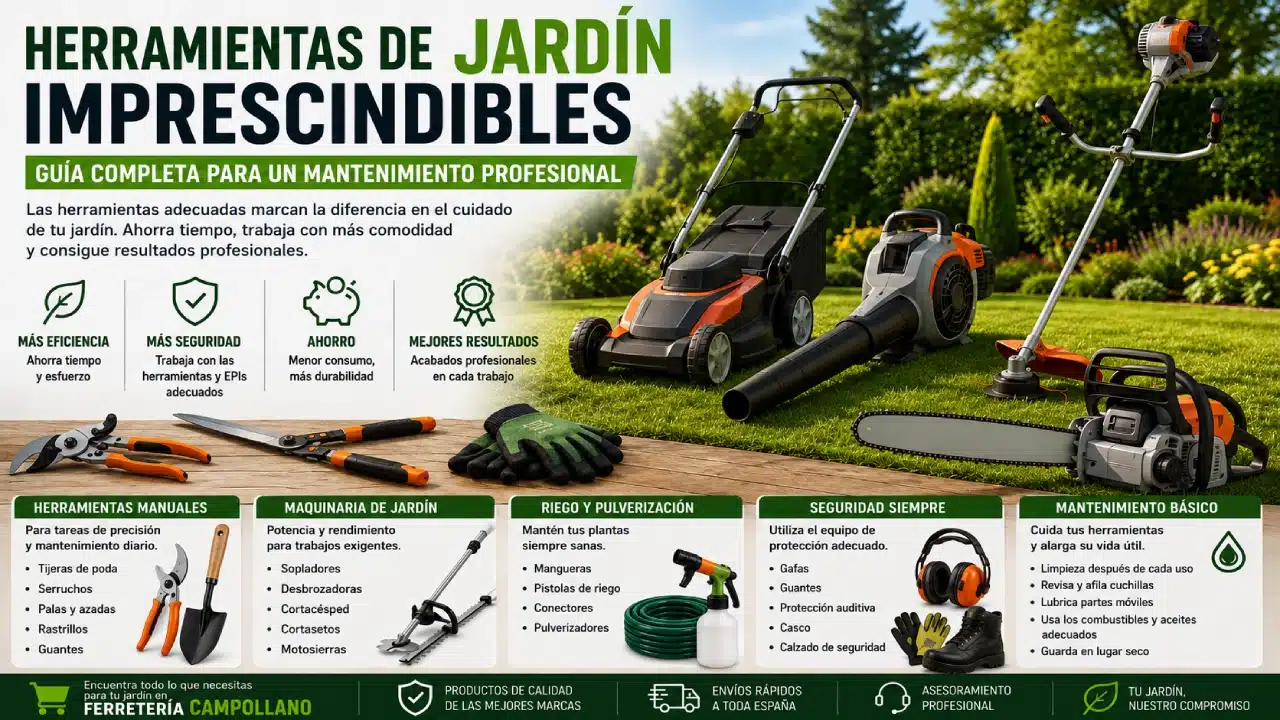Herramientas de jardín imprescindibles para cuidar y mantener zonas verdes Herramientas de jardín imprescindibles para mantenimiento profesional con desbrozadora cortacésped soplador y tijeras de poda