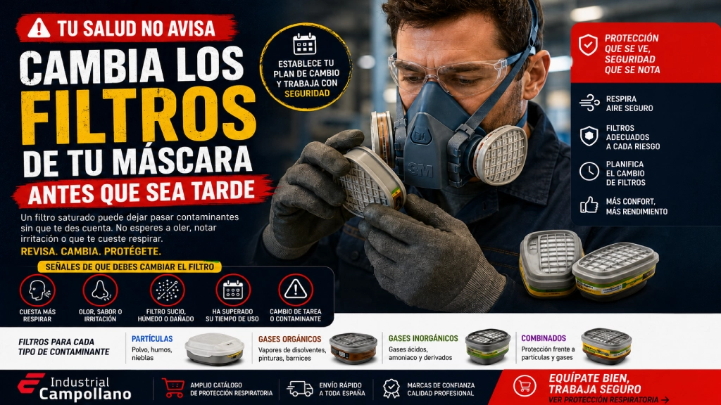 Trabajador revisando filtros de una máscara respiratoria de protección laboral Trabajador revisando filtros de una máscara respiratoria de protección laboral