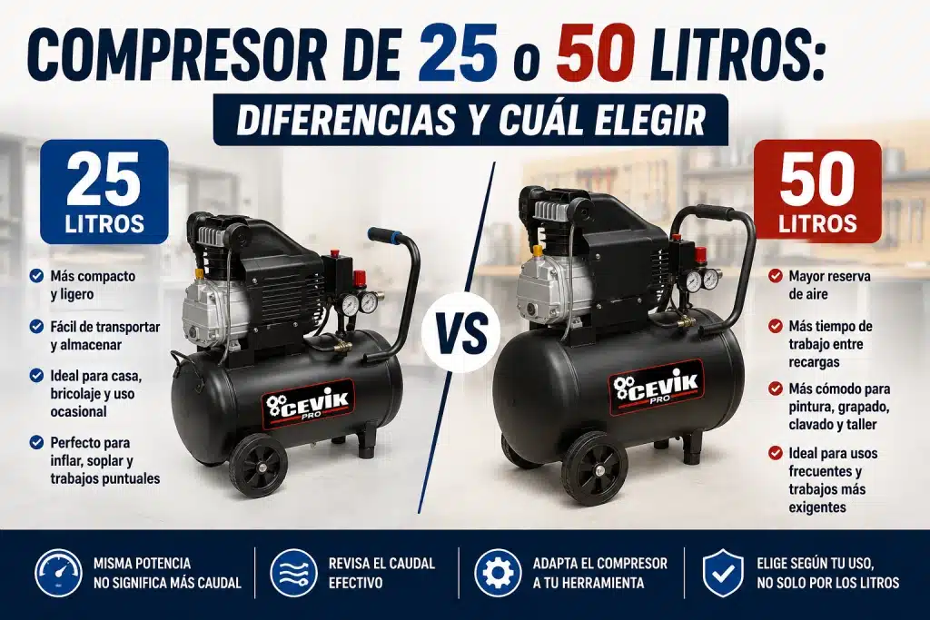 Comparativa entre compresor de aire de 25 y 50 litros Comparativa entre compresor de aire de 25 y 50 litros